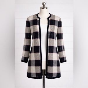 VTG St. John By Marie Gray Metallic Plaid Cardigan Knit Open Front Size 14